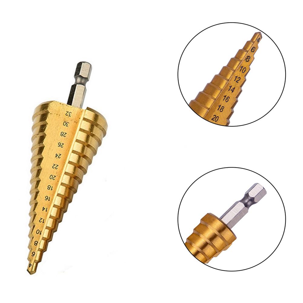 1/4" Esagono Codolo 4-32mm Titanio Rivestito Spirale Scanalata HSS Trapano per Plastica, Legno, Metallo Multi-Foro Conico