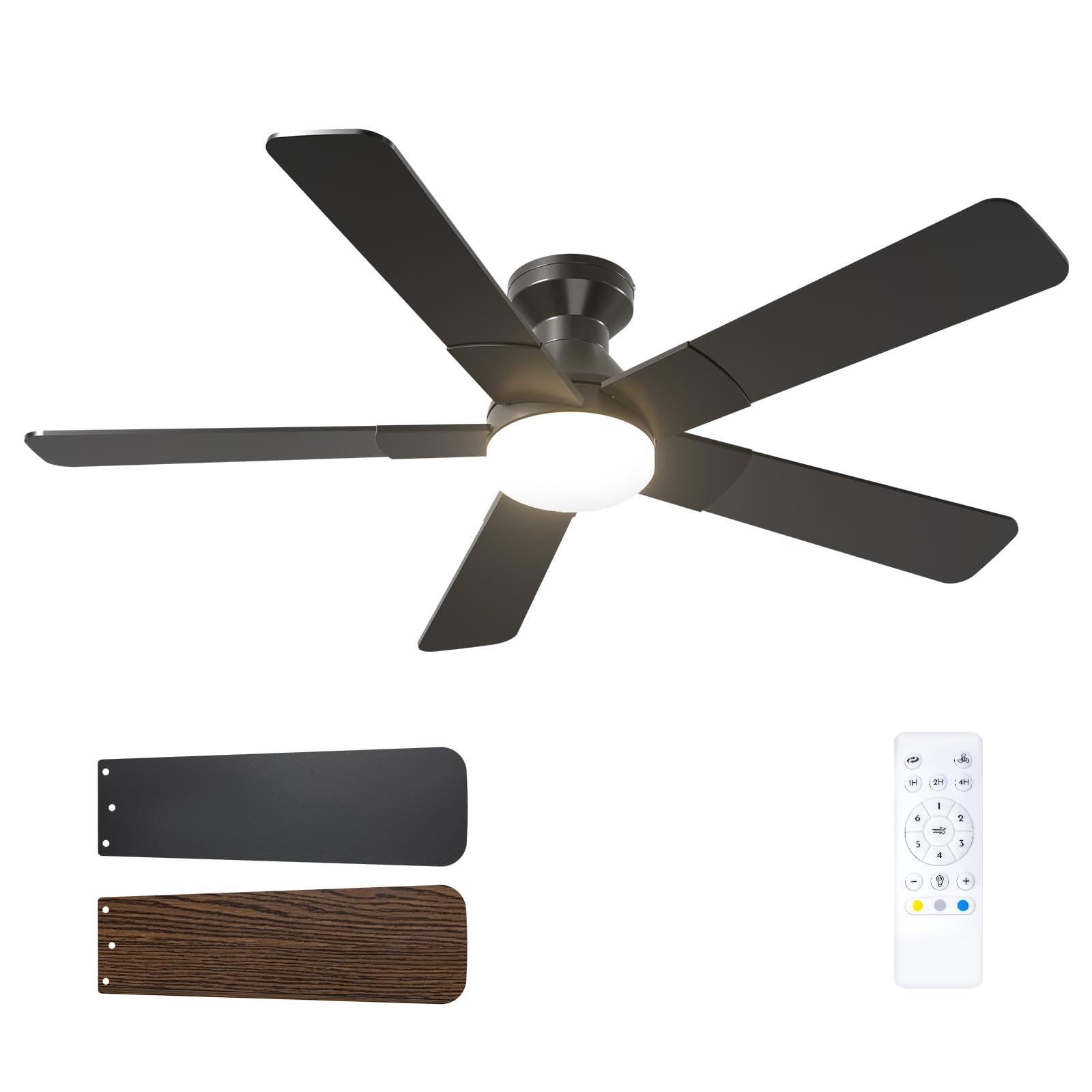 Passky Ventilatore da soffitto da 132 cm con illuminazione e telecomando, motore DC silenzioso, 6 velocità, lampada LED dimmerabile, 3 temperature di colore nero