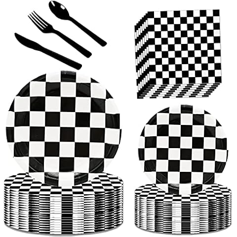 Black and White Checkered Race Car Party Supplies 150Pcs,Racing Party Tableware Set 9"& 7"Checkered Plates and Checkered Flag Napkins Knives Forks Spoons for Race Car Themed Birthday Party Decorations Cover