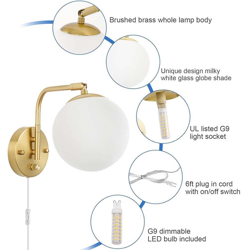 Szklana lampa ścienna LED Ściemnialna z przełącznikiem Lampa ścienna Złota, regulowana metalowa lampka nocna w środku z wtyczką i kablem Lampa ścienna do czytania w stylu vintage w stylu industrialnym