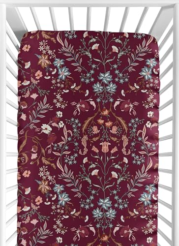 Image of Sweet Jojo Designs Fitted Baby Crib Sheets (Burgundy Red Wildflower Vintage Floral) for Girls, Infant Nursery, Toddler Room - Standard Size (Boho, Paisley, Bohemian, Cottagecore, Farmhouse, Flower)