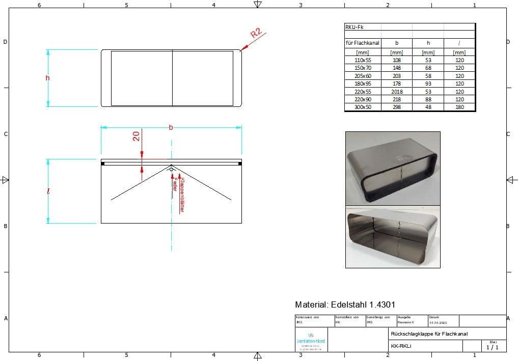 Rückschlagklappe aus Edelstahl für Flachkanal 220x90