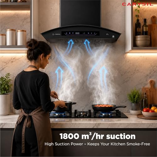 Image of Carysil Curvantis SilentX 60 cm BLDC Motor Kitchen Chimney, Curved Shape, 1800 m /hr Suction, Auto-Clean Filterless, 9+ Turbo & Gesture Control, LED Lamp, 12-Year Warranty - Black