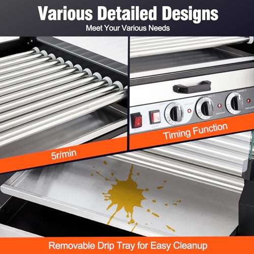 Electric Hot Dog Roller, 11 Rollers Hot Dog Machine, 30 Hot Dogs Capacity, Grill Warmer With Independent Temperature Control, Detachable Glass Hood Cover & Oil Drip Tray, 5-8 Min Quick Cooking