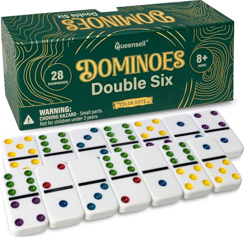 Queensell Set de Dominos pour Adultes avec Points Colorés – Jeu de Dominos Double 6, Classique Jeu de Société pour Enfants et Adultes – Jeu Standard...