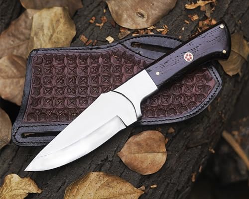 Custom Handmade Full Tang Skinner Knife, 4 in Clip Point Blade, Brown Wood Handle, Leather Belt Sheath - For Camping, Outdoors Skinning Knives