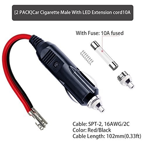 Kuncan Replacement Cigarette Lighter Plug - 12 Volt Male Cigar Plug With Leads Car Adapter Dc Battery Charger Connectors 12V Power Supply For Auto Accessories With Led Lights 15A #TOP2