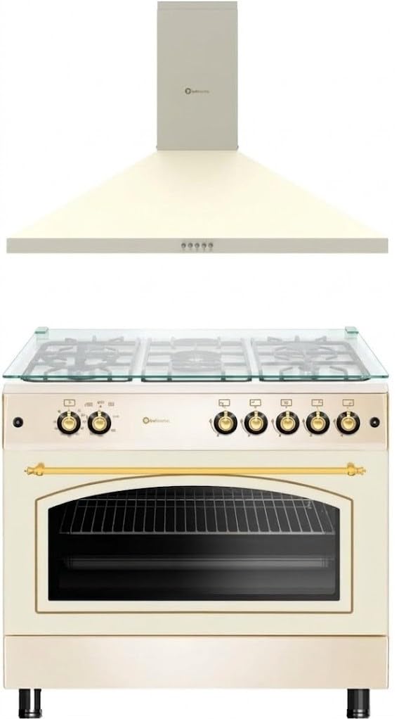 SOLTHERMIC COMBO PACK CREMA COCINA PANORAMICA Y CAMPANA EXTRACTORA PIRAMIDAL (90 CM) / HORNO GRAN CAPACIDAD / 5 QUEMADORES ""ALTA GAMA""