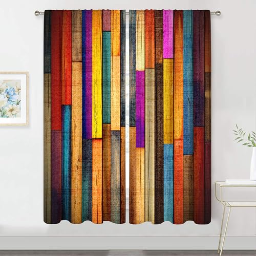 MESHELLY Rustic Multicolor Barn Door Curtains 29Wx63H Inch Rod Pocket Colorful Farmhouse Wooden Decor Western Barnwood Cabin Retro Country Garage Wood Bedroom Living Room Window Drapes Fabric 2 Panel