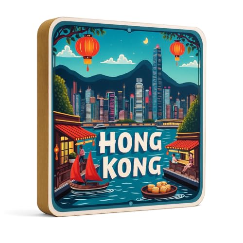 Image of Naxon Hong Kong Country Theme Souvenir Wooden Refrigerator Stylish Fridge Magnet - Fridge Decoration Magnet for Kitchen & Home Decor | Perfect Souvenir Gift | Size 3x3 Inches | Pack of 1