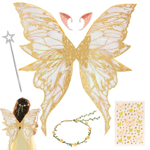 HuaMuDM Asas de fadas para adultos, asas de borboleta, Elf Ears, varinha mágica, Flower Wreath, autocolantes, Halloween, Natal, carnaval, festa temática