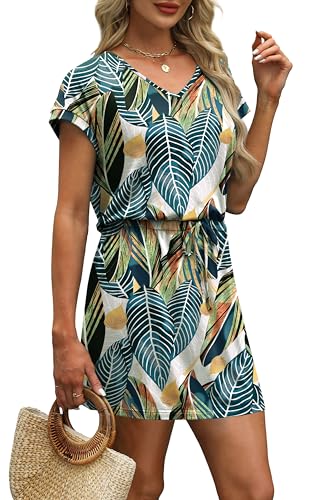 Image of OFEEFAN Summer Dresses for Women 2026 V Neck T Shirt Casual Mini Dresses Tie Waist Sundresses with Pockets