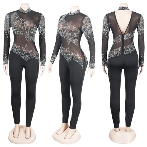 Image of Jigfar Women Sexy Hot Drilling Long Sleeve Bodycon Jumpsuit Mesh See Through Rhinestone Party Club Night Outfits(FK9126,Black,XXL)