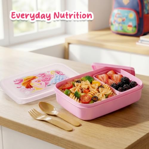 Image of Nayasa Ninja 2 Compartment BPA-Free Plastic Lunch Box for Kids Girls | Barbie Print | Leak Proof Push Lock | Pink