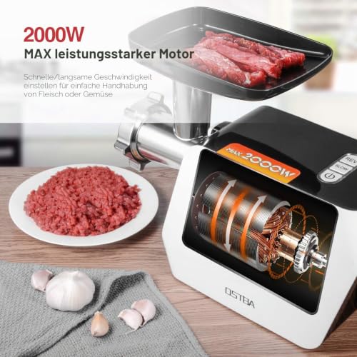Foto von Elektrischer Fleischwolf Edelstahl, OSTBA 5-in-1 Fleischwolf mit wurstfülle, Multi Küchenmaschine, Fleischklößchen, Reverse-Funktion, 2000W MAX