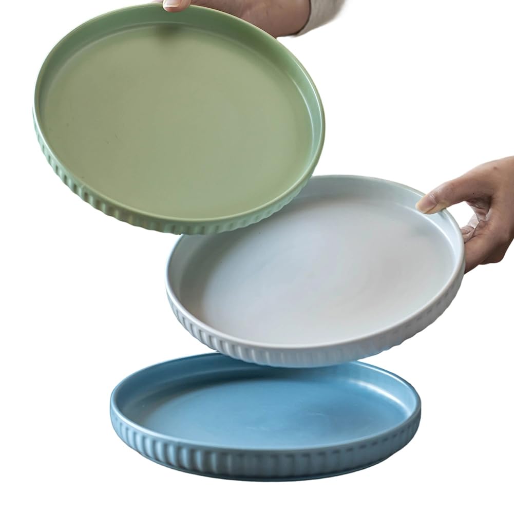 Hndhbfgrt Glazed Stoneware Dinner Plates, 3-Piece Ceramic Set- Microwave and Dishwasher-Safe
