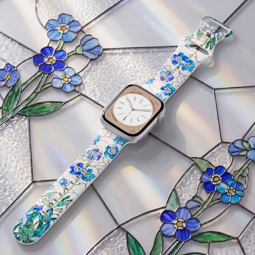 Image of Floral Band Compatible with Apple Watch Bands for Women 40mm 42mm 41mm 38mm 44mm 45mm 46mm 49mm, Cute Pattern Flower Soft Silicone Sport Strap for iWatch Series Ultra 11 10 SE 9 8 7 6 5 4 3 2
