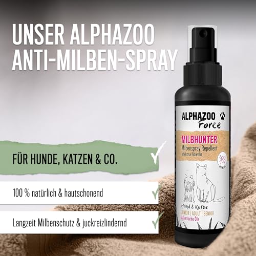 alphazoo MilbHunter Anti Milben-Spray 500 ml – Natürliches Milbenmittel für Hunde, Katzen, Pferde & Hühner – Wirksamer Schutz gegen Milbenbefall, Herbstgrasmilben & rote Vogelmilbe