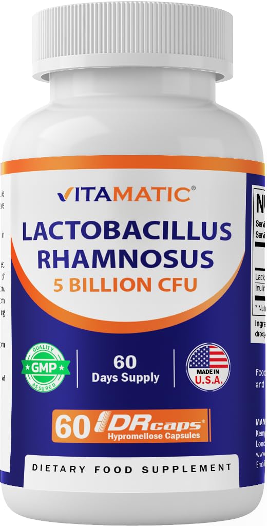 VitamaticLactobacillus Rhamnosus 5 Billion per DR Capsule (10 Billion Per 2 Capsules) - 60 Count - Advanced Digestive & Immune Support - Made with Prebiotic Inulin Fiber