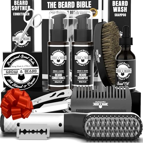 Beard Straightener Grooming Kit for Men, Beard Growth Kit, Wash, Brush & Comb, Unscented Growth Oil,...