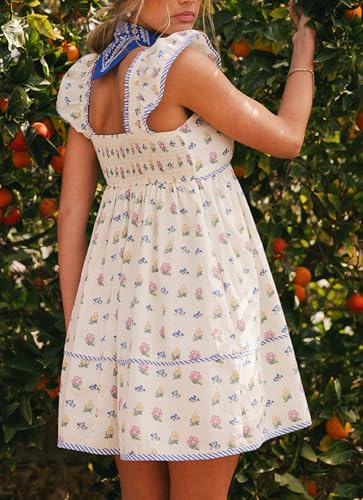 Image of NUFIWI Y2K Ruffle Hem Babydoll Mini Dresses Square Neck Spaghetti Strap Short Dresses Boho Flowy Patchwork Sundress Vocation