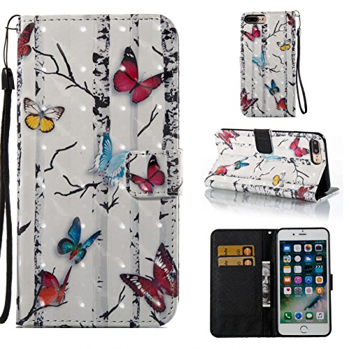 Firefish iPhone 7 Plus Case,iPhone 8 Plus Case,Durable PU Leather Wallet Cover Lightweight Full Protective Case Shockproof Case with Credit Card Slot and Strap for Apple iPhone 7 Plus-Butterflies