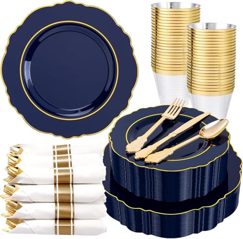 Liacere 350PCS Navy Blue Plastic Plates-Disposable Blue Gold Plates 50guest Plastic Dinnerware include 100Plates,50Pack Pre Rolled Napkins with Silverware 50Cups for Graduation & Memorial Day