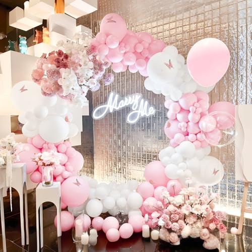 Pink White Balloon Arch Kit,151 Pcs Pastel Pink Balloon Garland Kit with Butterfly Stickers Latex Balloons Different Sizes 18/12/10/5 Inch for Wedding Bridal Shower Baby Shower Party Decorations