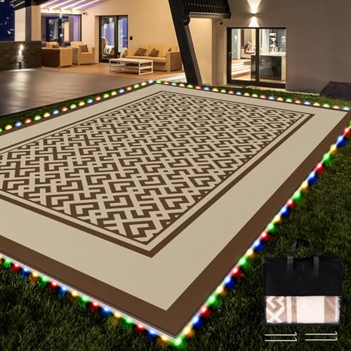 Image of Pafolo 5'x8' Outdoor Rug with LED Lights, Waterproof Plastic Straw Rug Reversible, Patio Rug with 4 Rug Stakes, Outside Carpet Mat for RV, Camping, Porch, Beach, Balcony, Picnic, Brown&White