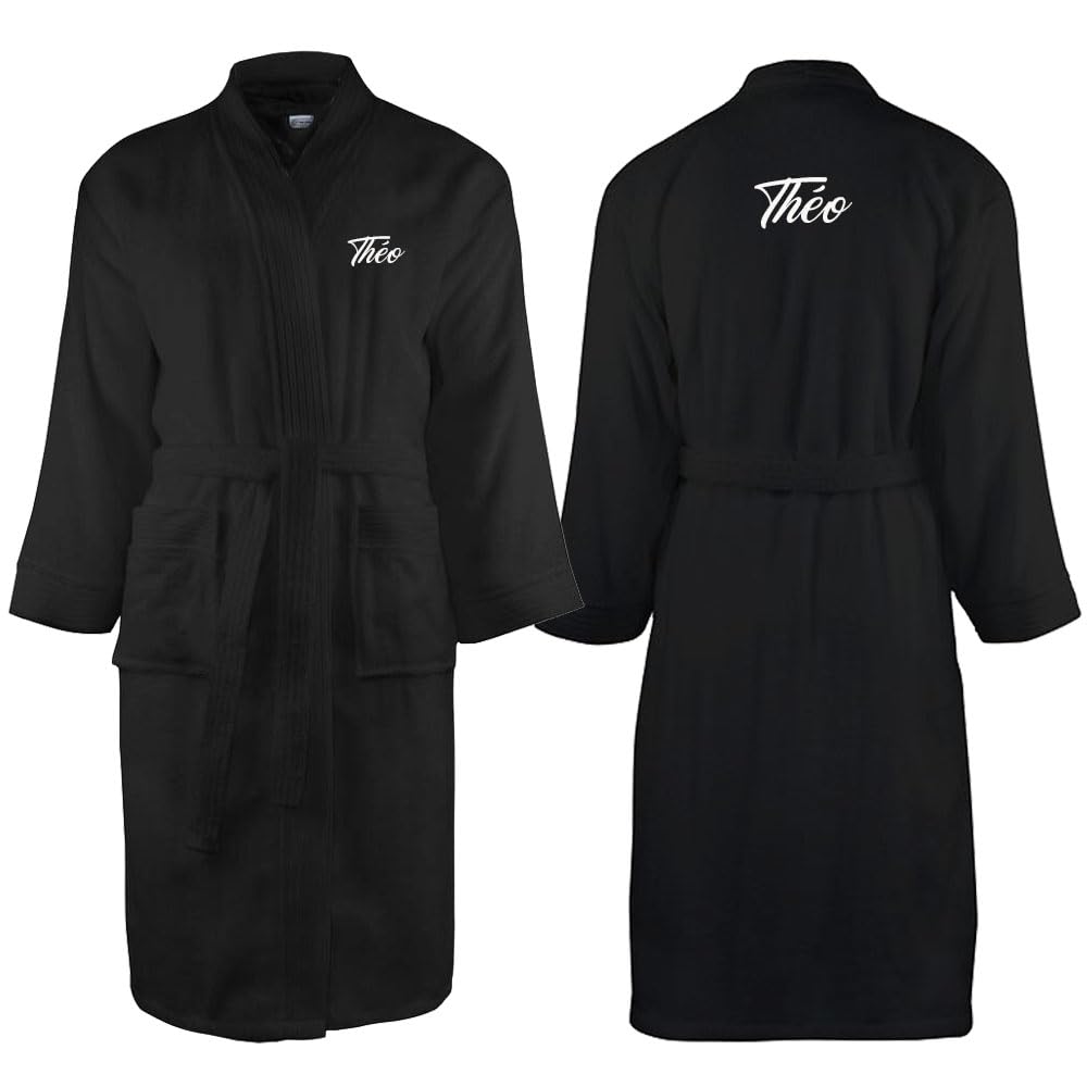 Peignoir personnalisé avec Un prénom, en éponge 340 GR 100% Coton (S/M, Noir)