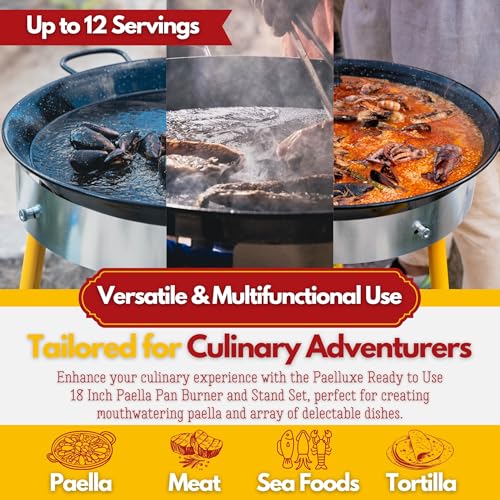 Paelluxe Paella Burner and Stand Set 12 Servings, 18 Inch Paella Pan, Dual Propane Outdoor Stove with Stand & Regulator, Portable Gas Cooker for Camping Crawfish Boil Cooking Outdoor (Black Edition)