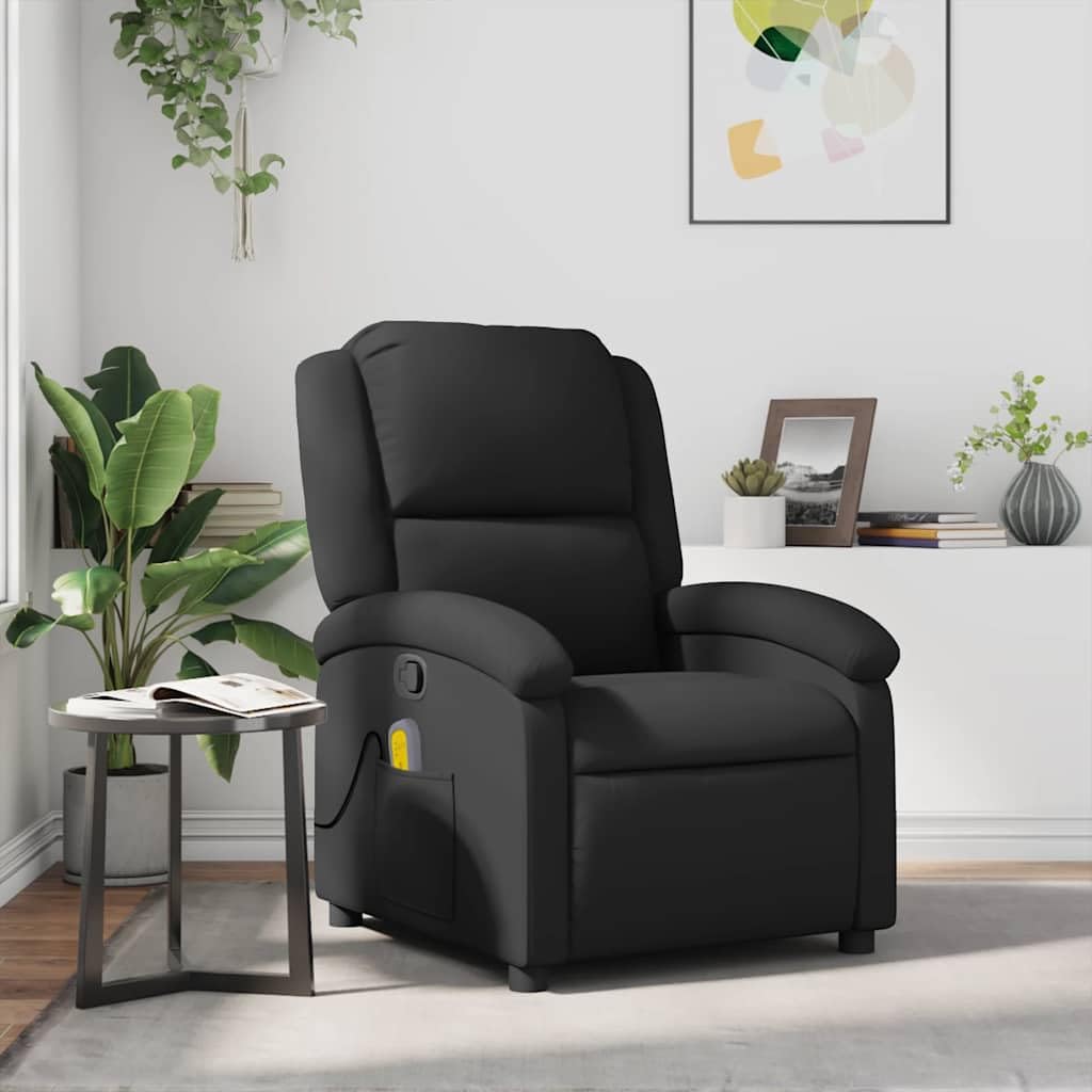 Massagesessel Schwarz Echtleder mit 6-Punkt-Vibrationsmassage, manueller Liegefunktion, Holz- und Metallrahmen, Bequeme Polsterung, Seitentasche, ideal für Wohnzimmer, Büro und Leseecke