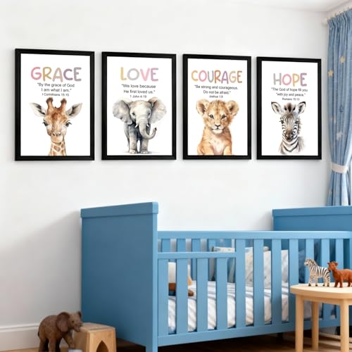 Safari Animals Nursery Wall Decor Set of 4, 16"x11" Cute Giraffe Elephant Tiger Zebra Print Bible Verses Animal Wall Art, Grace Love Courage Hope Scripture Sign Christian Posters for Baby Boy Playroom by homuvdok - Used condition - Image 7