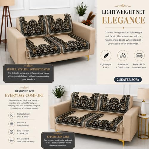 Image of Homerz Premium 'Maharaja Paradise Series' Sofa Cover | Net Fabric Sofa Cover | Washable, Anti-Dust Backed & Wrinkle Resistant Cover (Beige Empress, 2 Seater, Seat Cover with Backrest)