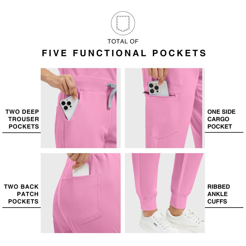 Image of Kitmaz Scrub Pants for Women - Mid Rise 4-Way Stretch Anti-Wrinkle Slim Fit Jogger Pants, Drawstring & 5 Pockets