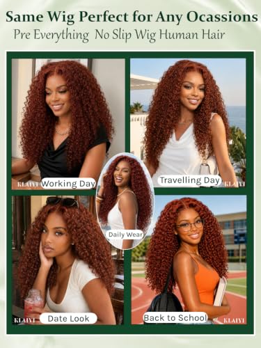 Image of KLAIYI Reddish Brown Burmese Curly Precut 7x5Lace Front Wigs Human Hair 22 inch | Bye Bye Slip Glueless Drawstring Wig Finger Coil Ends Pre Plucked Bleached Knots Pre Everything 30S Ready to Wear and Go Wig