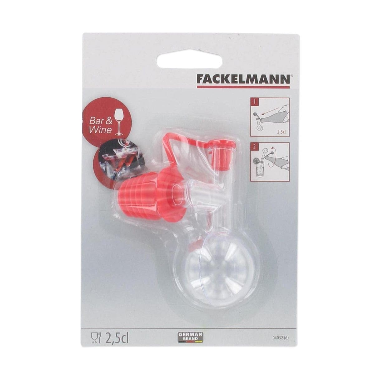 Fackelmann 004032 Dozownik na alkohol, kulka do dozowania alkoholu, wylewka dozująca do butelek, nasadka dozująca 2,5 cl, korek nalewki, plastik, czerwony, 9 x 7 cm