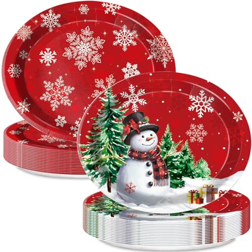 30 PCS Christmas Oval Paper Plates, Large 9" x 11" Disposable Serving Platters, Snowman & Snowflake Holiday Plates for Xmas Parties, Winter Events & Festive Table Decor