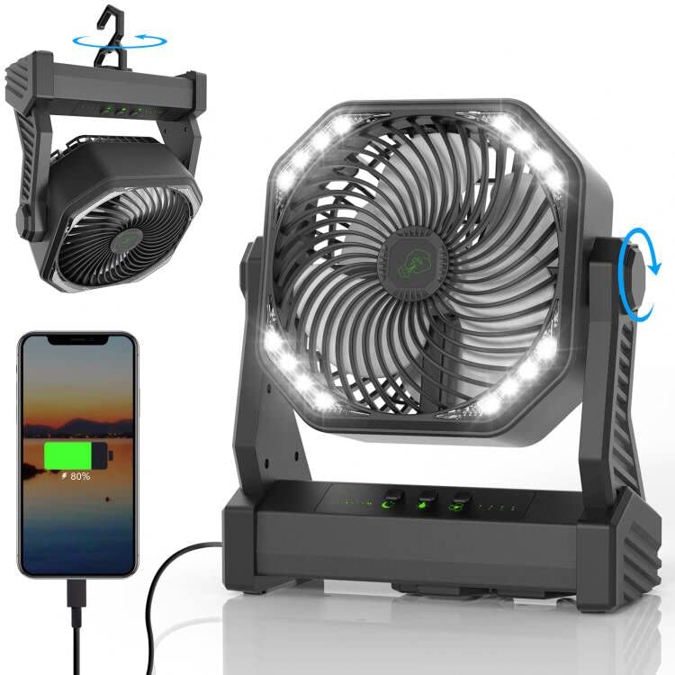 Camping Fan with LED Lantern, 20000mAh 10-Inch Rechargeable Battery Operated Portable Fan with Hook,