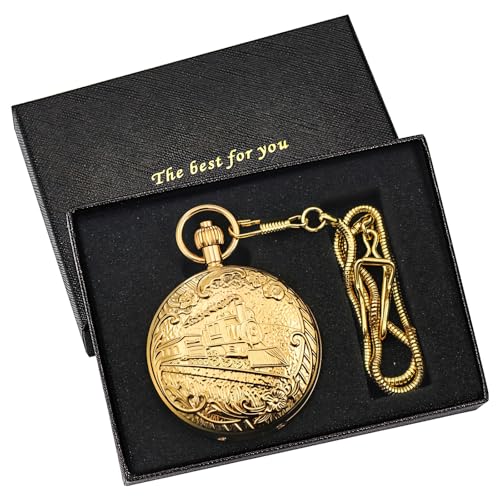 Image of Men's Mechanical Pocket Watch with Chain, Vintage Full Copper Hand-Wind Second&24hours Sub-dials Pocket Watches for Men with Box