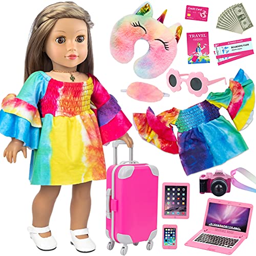 UNICORN ELEMENT American 18 Inch Girl Doll Clothes and Accessories Travel Luggage Play Set Including Toy Suitcase, Camera, Sunglasses, Phone, Computer, Passport, etc