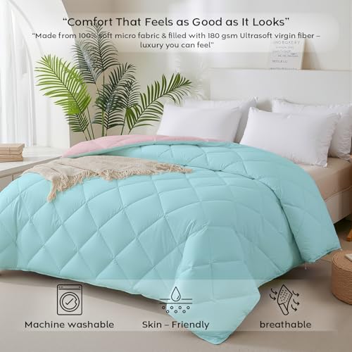 Image of AYKA Reversible AC Comforter 150 GSM Lightweight Microfiber Summer Blanket for Double Bed (90x100 Inches) | Soft Cooling Quilt, Breathable All Season Duvet for AC Room | Aqua & Peach
