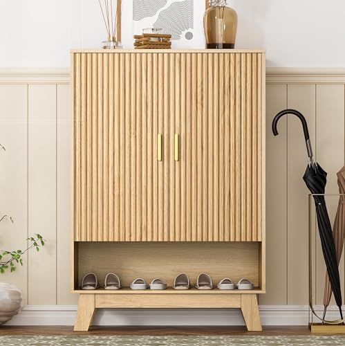 Image of Shoe Cabinet Storage for Entryway, 5 Tier Fluted Shoe Storage Cabinet with Wooden Legs, Narrow Hidden Shoe Organizer with Adjustable Shelves, Freestanding Shoe Rack for Entryway, Hallway, Oak
