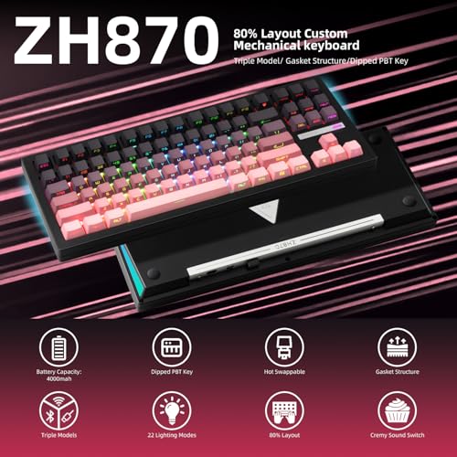 Image of ZORNHER ZH870 Wireless Mechanical Gaming Keyboard,80% Pink & Purple Custom Creamy Sound Keyboard with Shine Through PBT Keycaps,Pre-lubed Linear Switches,Hot-Swappable,RGB Backlit,2.4GHz /USB-C /BT5.0