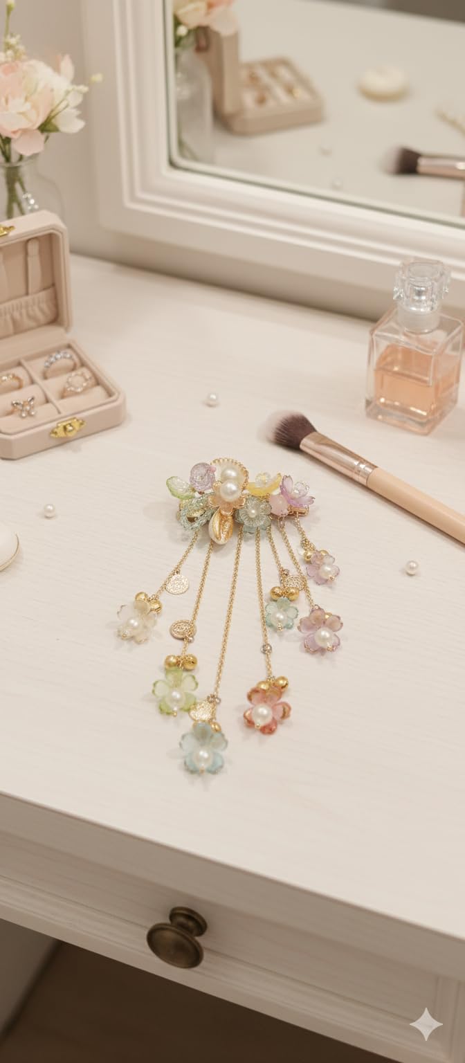 Floral Hair Clip with Pearls and Dangling Chains, Colorful Flower Design with Gold Accents, Elegant Hair Accessory-image-17