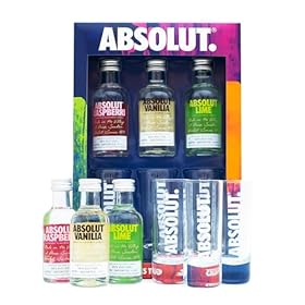 Absolut Vodka Gift Set – Flavoured Vodka, 3x 5cl Vanilla Vodka, Raspberry Vodka, Lime Vodka Alcohol Miniatures, x 3 Mini Vodka Shots Glass, Alcohol Gift Set – Birthday Vodka Gifts for Men and Women