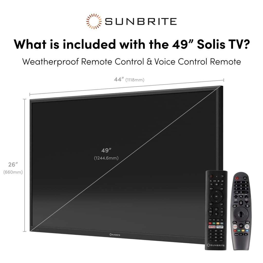 SunBrite 49" Solis Smart Outdoor Television, Full-Sun 4K TV, 1500-Nit Brightness, Anti-Glare Screen, IP55 Weatherproof, Wi-Fi Bluetooth, Integrated Speakers SB-FS-49-BL