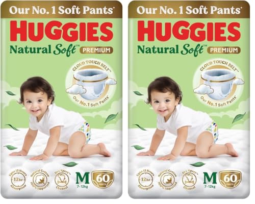 Image of Huggies Natural Soft Premium Baby Diaper Pants, Our No.1 Soft Pants, Medium (M) Size (7-12 Kgs), Pack of 120 diapers | Cloud Softness All over with India's 1st Cloud Touch Belt