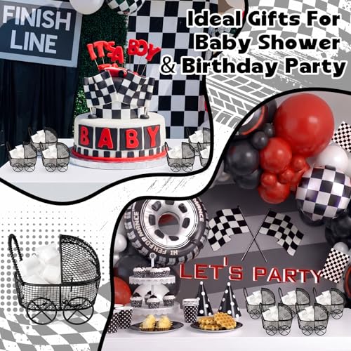 Image of Threehoney 12 Pcs Baby Shower Mini Carriage Decoration Black Metal Wired Fillable Candy Stroller Baby Shower Table Centerpiece for Guest Gender Reveal Wedding Party Favor Gift
