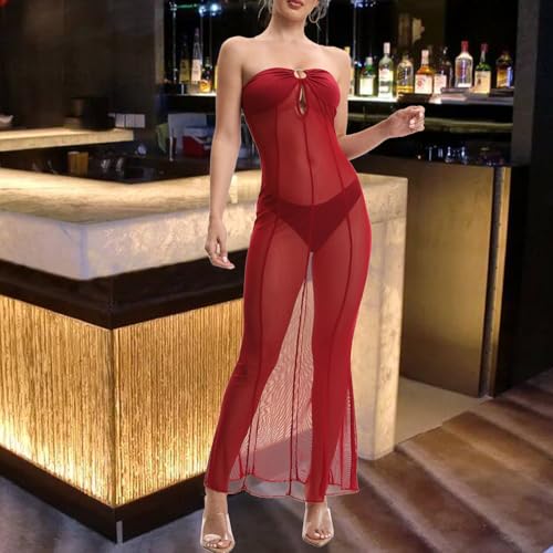 Image of Sexy Sheer Mesh Dresses for Women See Through Maxi Dress Strapless Tube Top Night Party